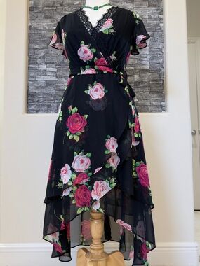 Betsey Johnson Black and floral Asymmetric Dress -Light and Flowing
